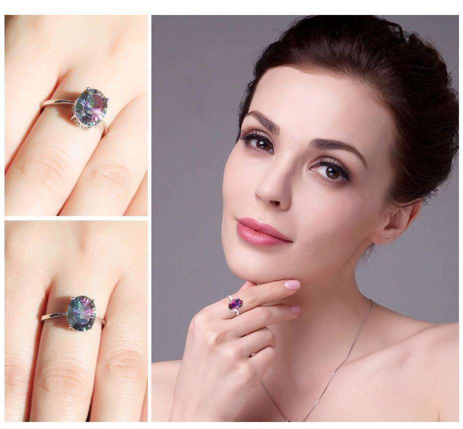 Feshionn IOBI Rings Genuine Rainbow Fire Mystic Topaz Oval Cut 3.4CT IOBI Precious Gems Ring