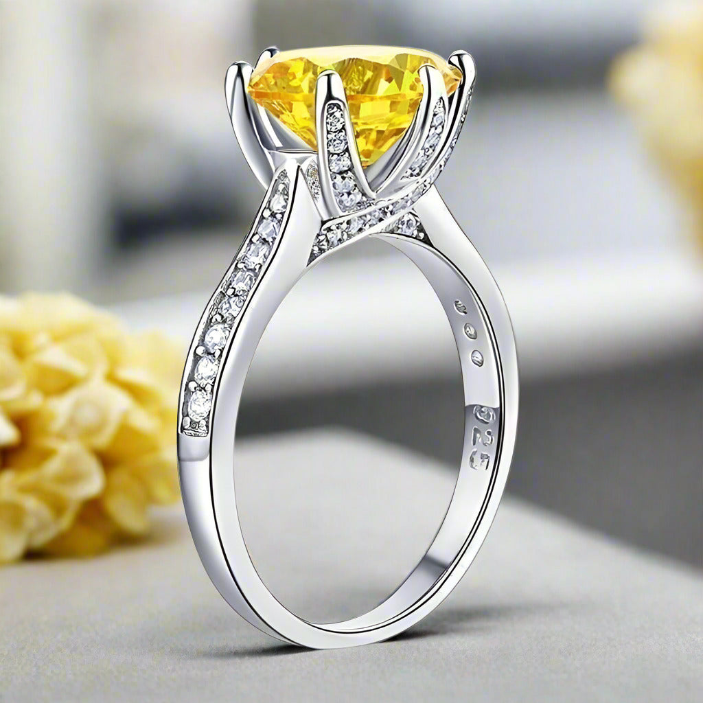 Feshionn IOBI Rings Grande Canary 3CT Simulated Yellow Sapphire Triple Pavé Trellis Solitaire Ring
