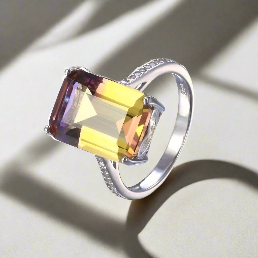 Feshionn IOBI Rings Harmony Emerald Cut Simulated Ametrine Solitaire Ring