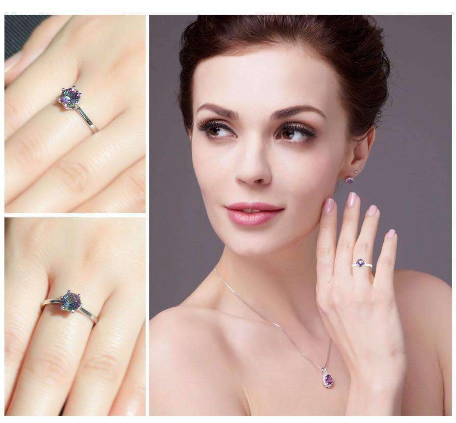 Feshionn IOBI Rings Rainbow Fire Genuine Mystic Topaz Round Cut 1.4CT IOBI Precious Gems Solitaire Ring