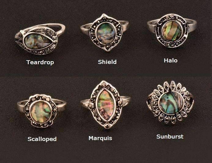 Feshionn IOBI Rings Sunburst Abalone Shell and Black Crystal Vintage Silver Ring