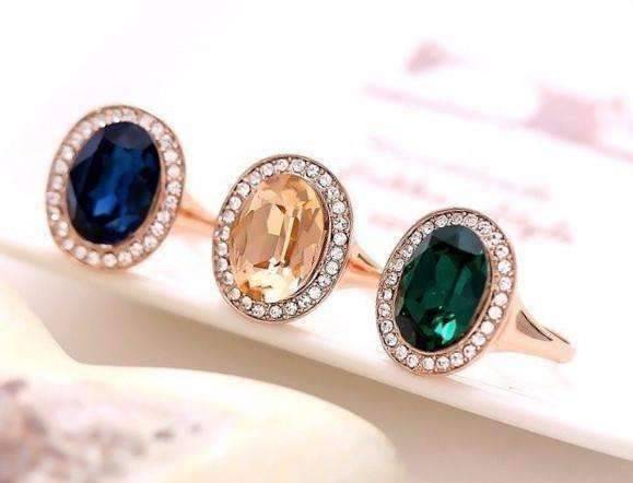 Feshionn IOBI Rings "Symphony in Champagne" Classic Oval Champagne Topaz and Diamond Austrian Crystal Halo Cocktail Ring