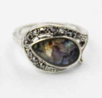 Feshionn IOBI Rings Tear Drop Abalone Shell and Black Crystal Vintage Silver Ring