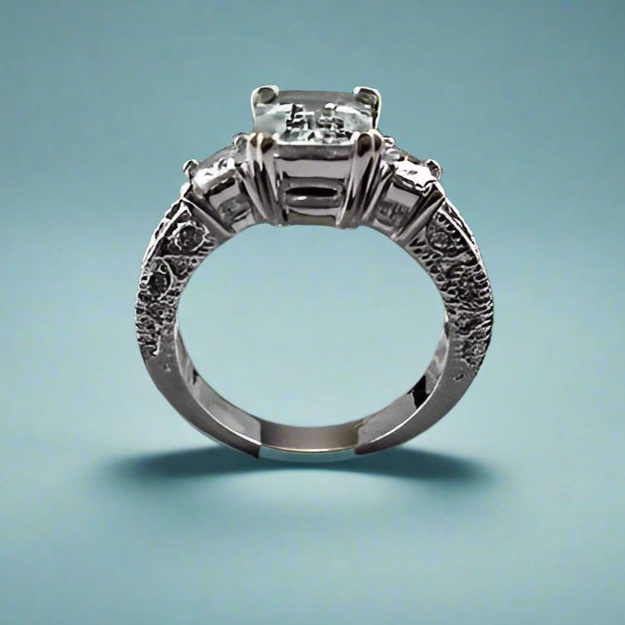 Feshionn IOBI Rings Timeless Three Stone Emerald Cut Swiss CZ Diamond Engagement Ring with Princess Accents - Ring