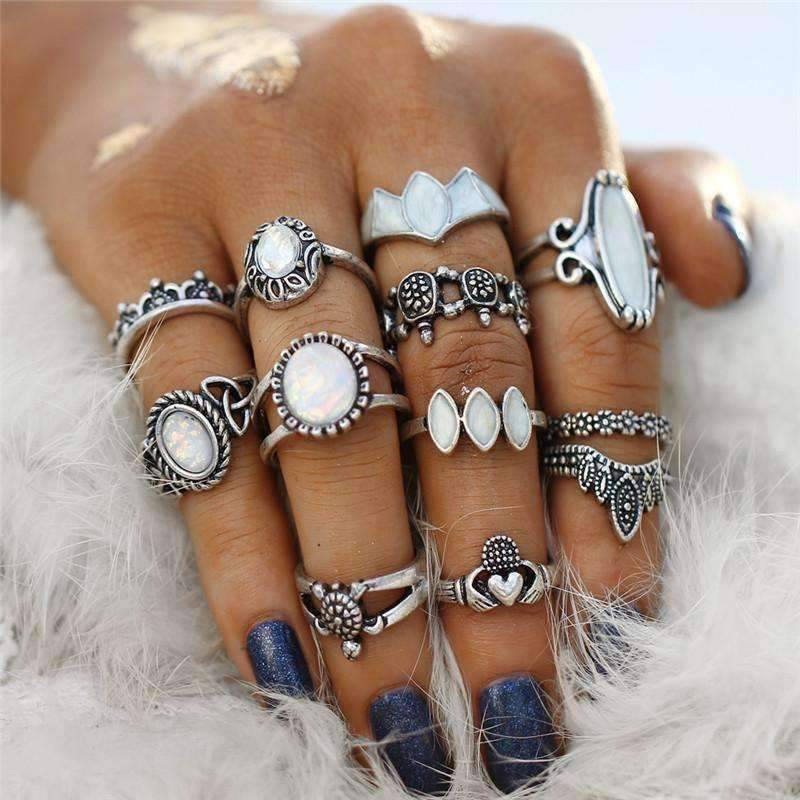 Feshionn IOBI Rings Ultimate Opal Collection Boho Midi-Knuckle Rings Set of 12