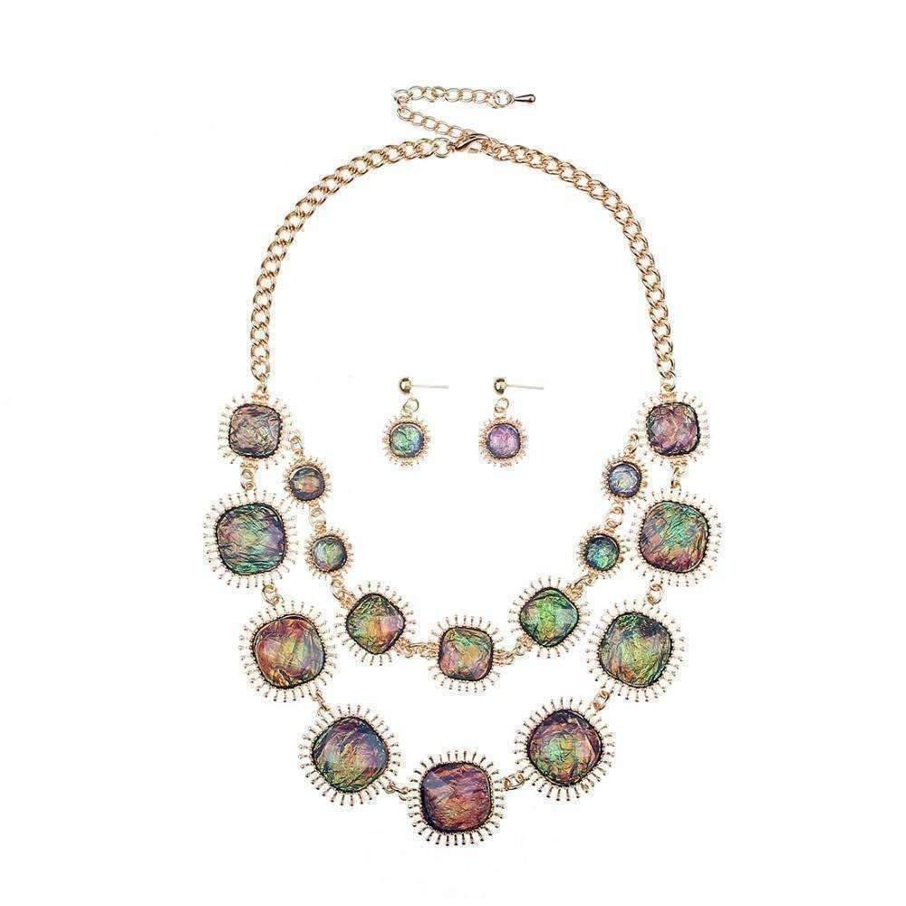 Feshionn IOBI Sets Exotic Peacock Iridescent Cabochon Layered Necklace and Earring Set