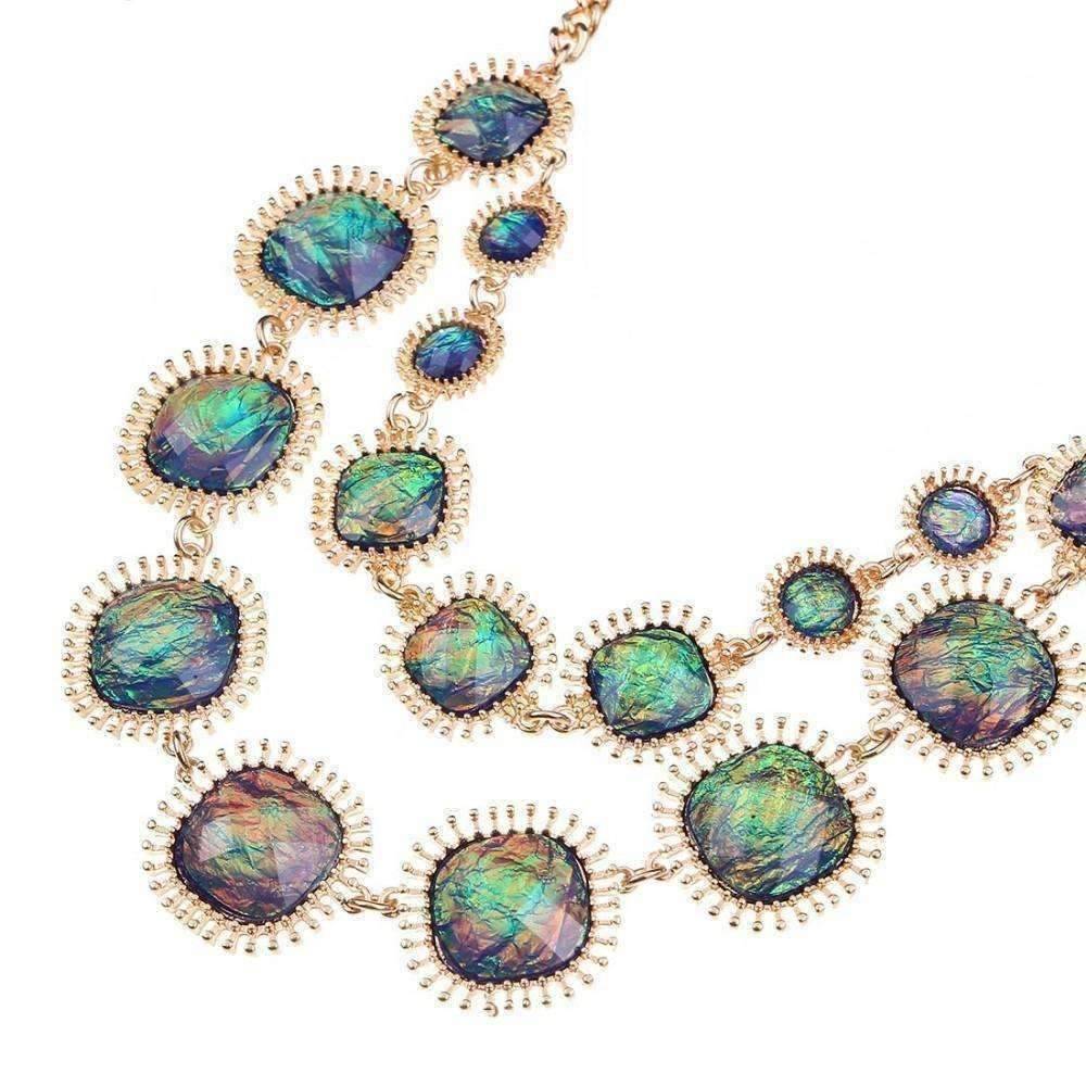 Feshionn IOBI Sets Exotic Peacock Iridescent Cabochon Layered Necklace and Earring Set
