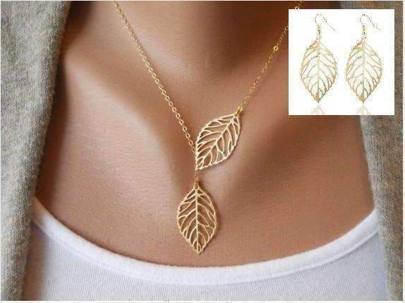 Feshionn IOBI Sets Yellow Gold Discounted Set Seasons of Beauty Leaf Cut Out Necklace or Earrings