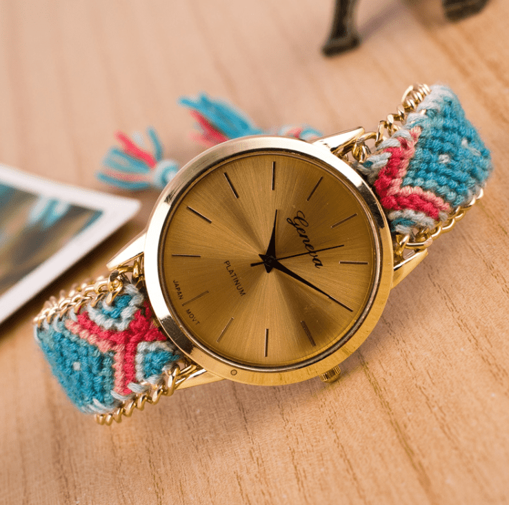 Feshionn IOBI Watches Aqua & Coral Offbeat Hand Woven Watch in 13 Colorful Patterns