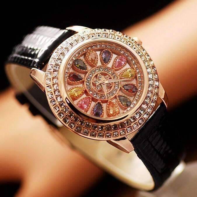 Feshionn IOBI Watches Black Kaleidoscope of Colors Deluxe Crystal & Leather Wrist Watch ~ Four Colors to Choose!