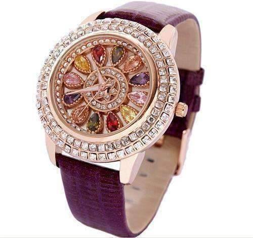 Feshionn IOBI Watches Purple Kaleidoscope of Colors Deluxe Crystal & Leather Wrist Watch ~ Four Colors to Choose!