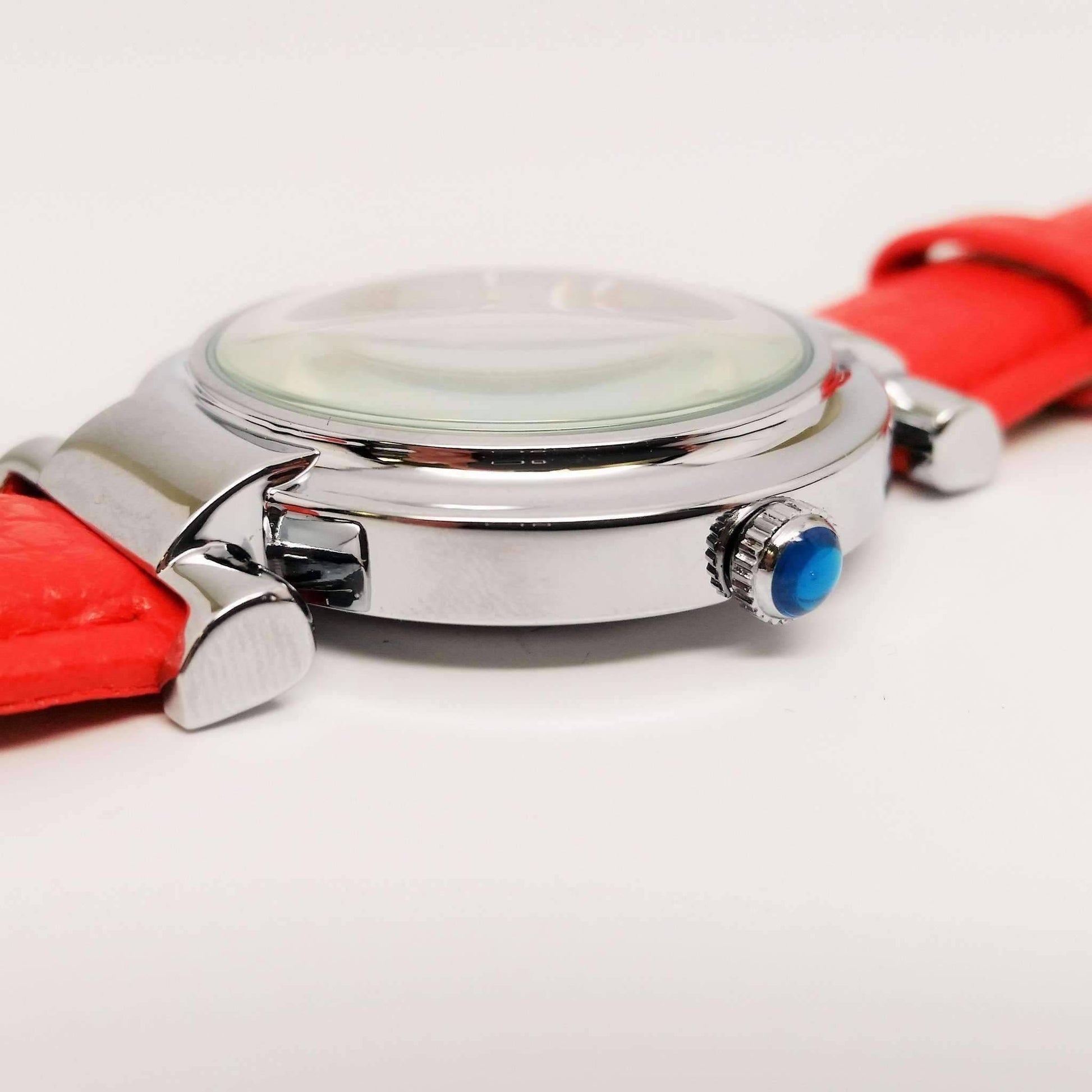 Feshionn IOBI Watches Red with Blue Crown Sophisticated Omega Case Water Resistant Wrist Watch With Leather Band - 5 Colors to Choose!