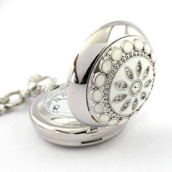 Feshionn IOBI Watches White Pearl Flower Vintage Style Mini Pocket Watch Necklace