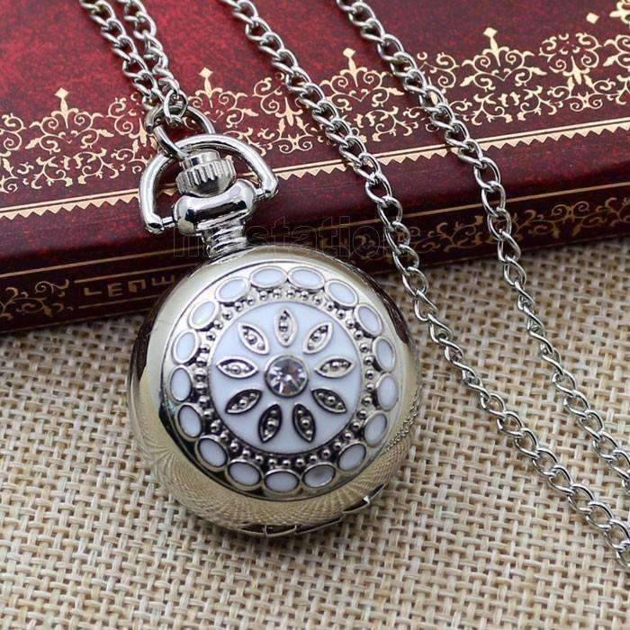 Feshionn IOBI Watches White Pearl Flower Vintage Style Mini Pocket Watch Necklace