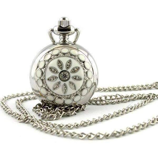 Feshionn IOBI Watches White White Pearl Flower Vintage Style Mini Pocket Watch Necklace
