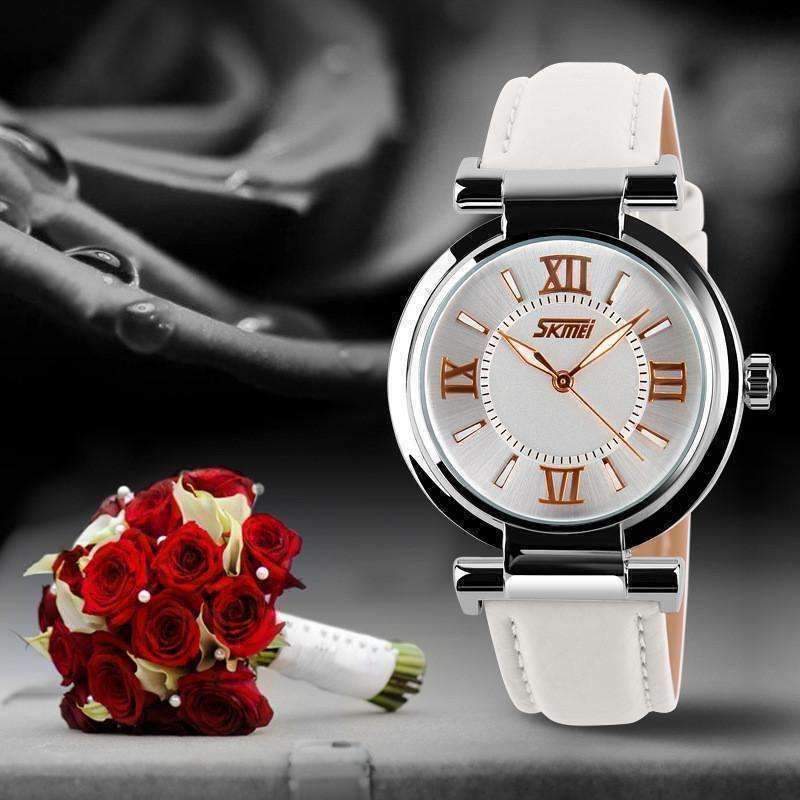 Feshionn IOBI Watches White with Black Crown Sophisticated Omega Case Water Resistant Wrist Watch With Leather Band - 5 Colors to Choose!